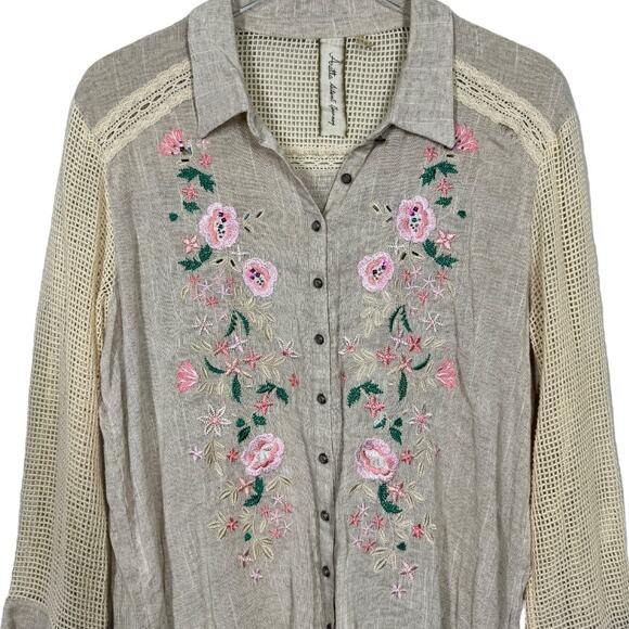 Aratta Floral Embroidered Linen Tunic Top Medium Tan Beaded Embellished Boho - Picture 2 of 8